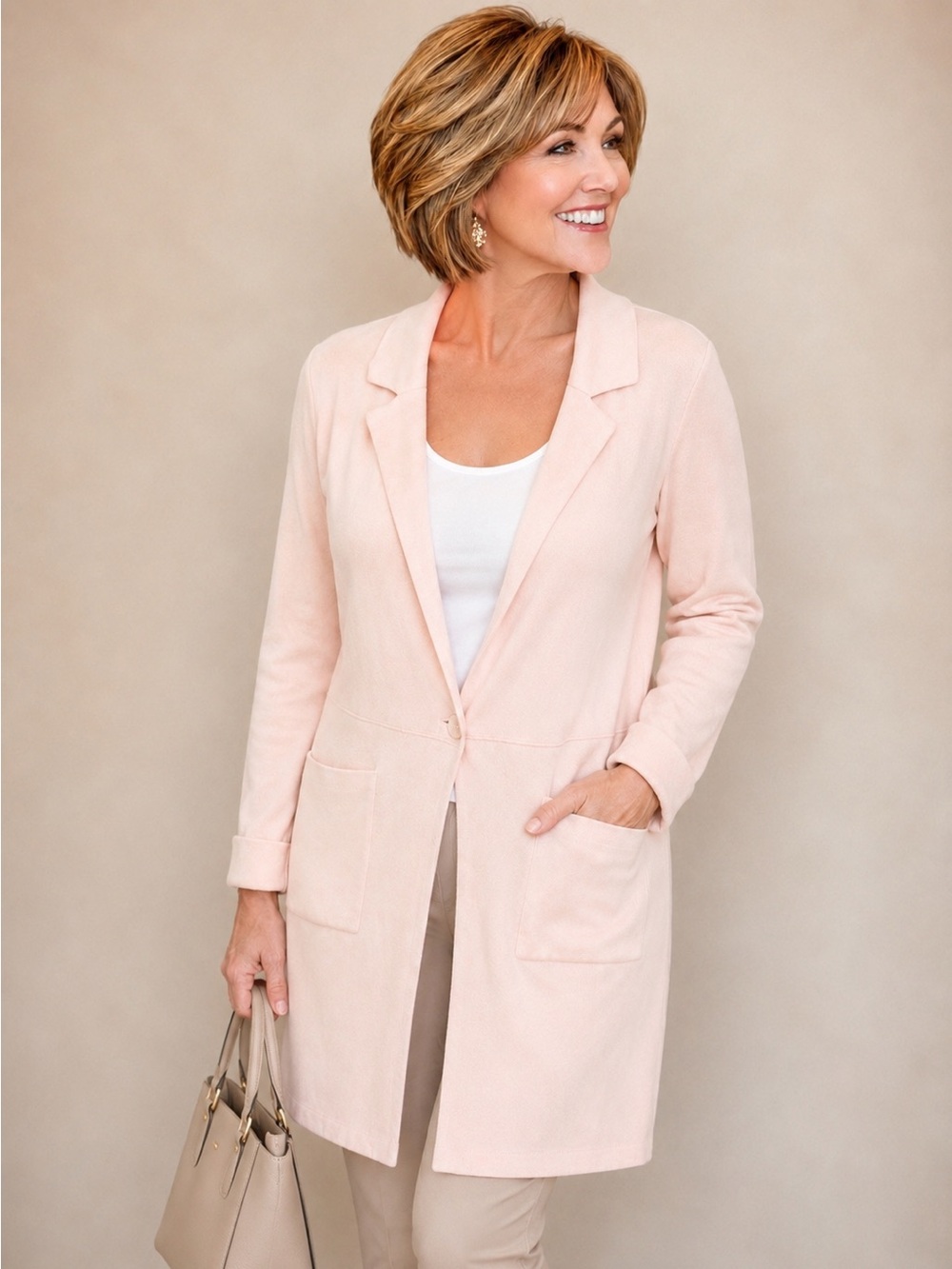 Long Structured Blazer in Pastel Pink with Side Pockets M